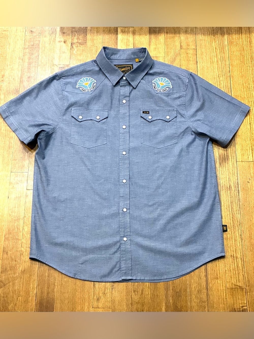 Howler Brothers Blue Short-Sleeve Button-Down Shirt with Shell Embroidery